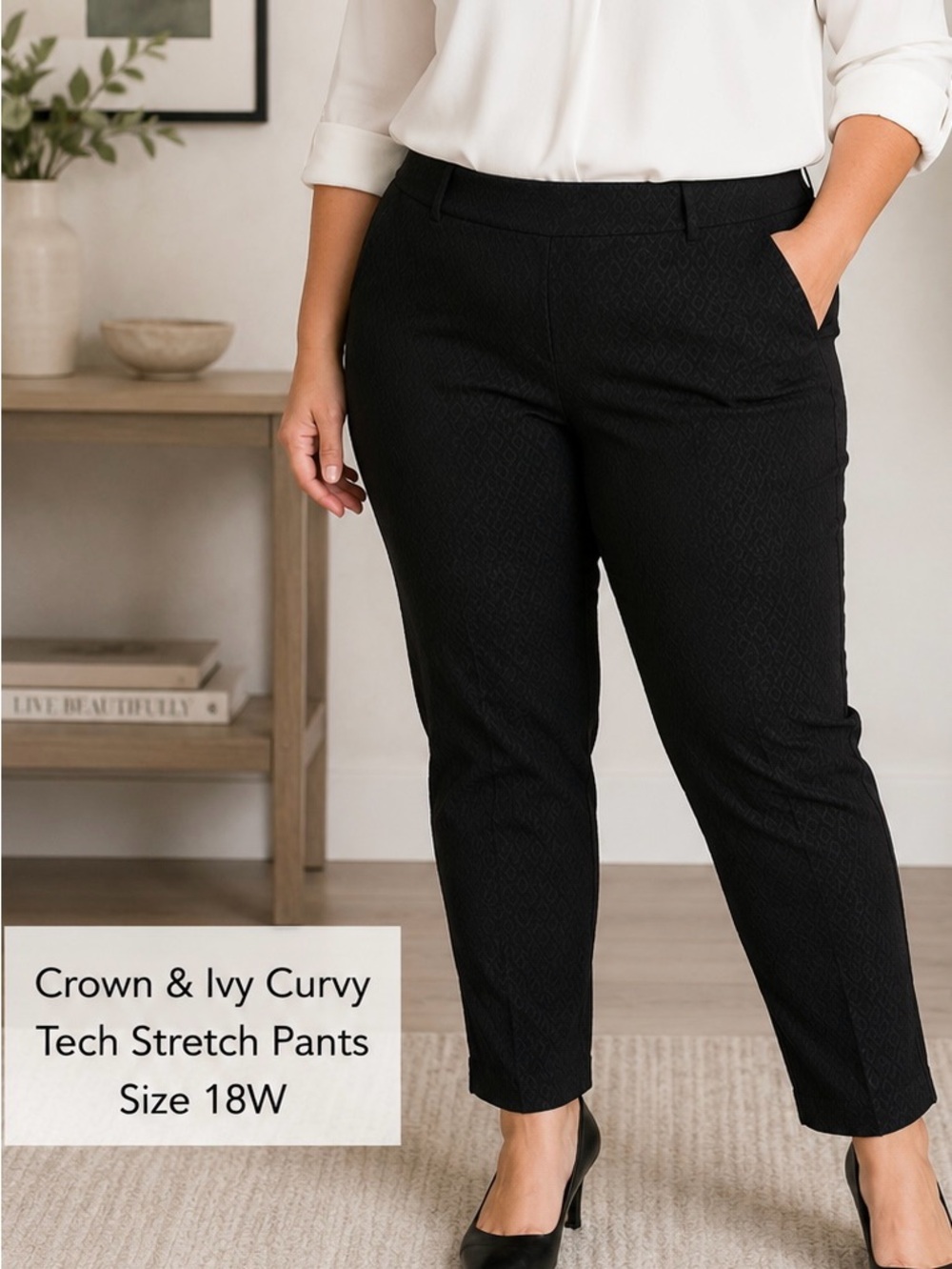 crown & ivy Curvy Pants Size 18W Black Textured Ankle-Length Stretch Pants NWT